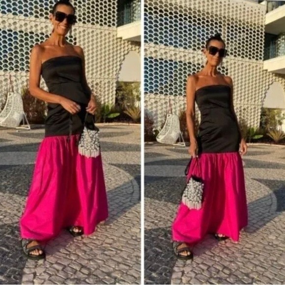 Zara Long Contrast Strapless Black Fuchsia Rhinestone Flare Hem Maxi Dress S - Picture 6 of 7